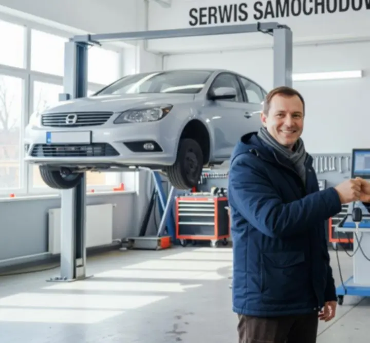 Klient odbiera naprawiony samochód z serwisu FKW KRZYSZTOF WĘDRYCHOWSKI