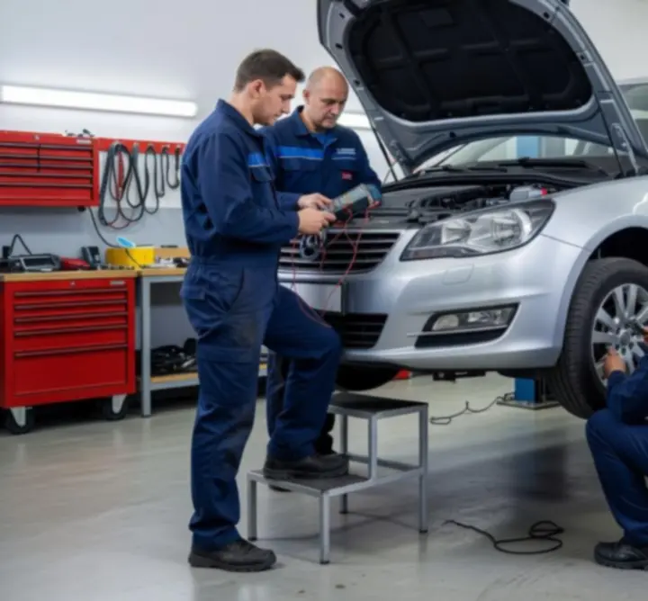 Zespół mechaników przy pracy w warsztacie